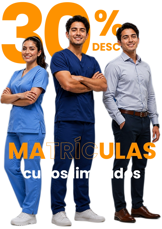 Three smiling professionals in blue scrubs and business attire pose with '30% DESCUENTO' for enrollment promotions behind them.