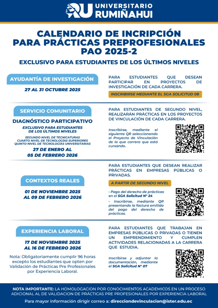 Calendario de inscripción para prácticas preprofesionales PAO 2025-2 del Universitario Rumiñahui, con fechas y modalidades: ayudantía de investigación, servicio comunitario, contextos reales y experiencia laboral.