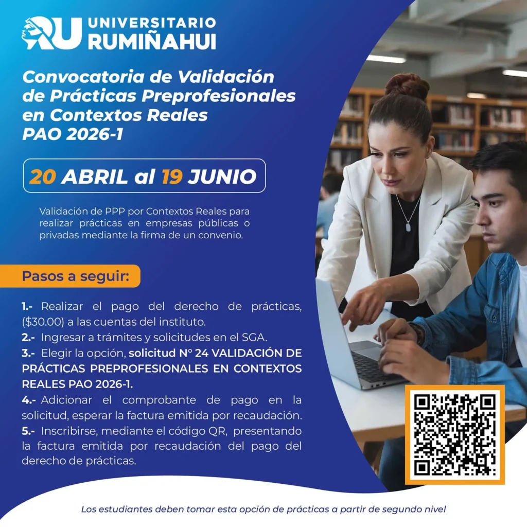 Afiche del Instituto Universitario Rumiñahui sobre prácticas preprofesionales en contextos reales con fechas del 20 de abril al 19 de junio de 2026.
