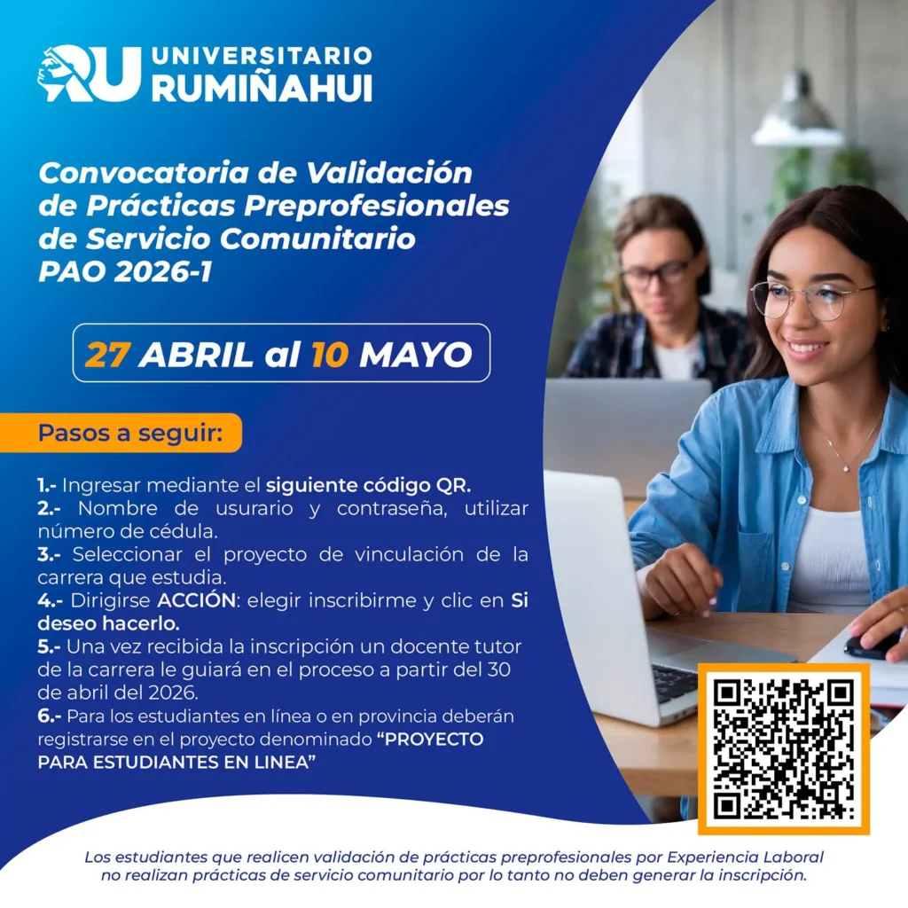 Afiche del Instituto Universitario Rumiñahui sobre la convocatoria de prácticas preprofesionales de servicio comunitario con fechas del 27 de abril al 10 de mayo de 2026.