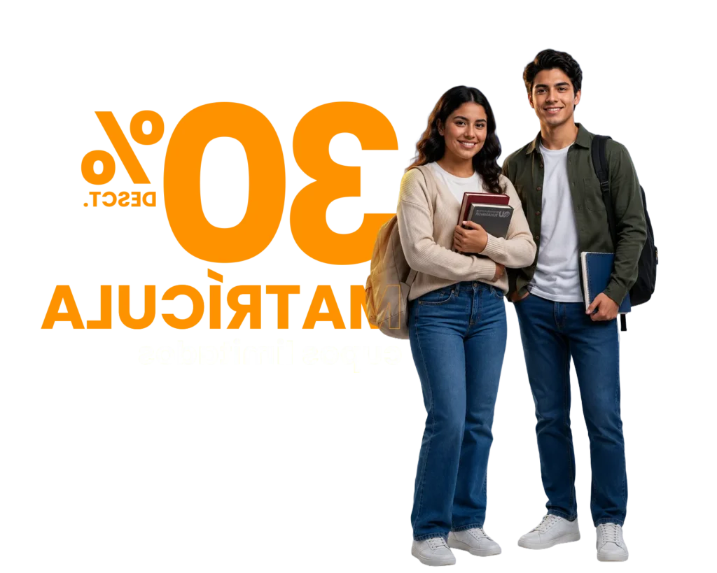Two students with backpacks stand together, with a large orange '30%' graphic in the background, suggesting a discount banner.