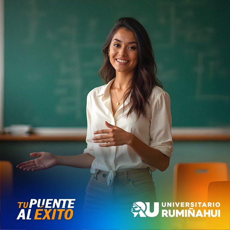 Smiling woman presenting in a classroom, wearing a white blouse, with program logos at the bottom.