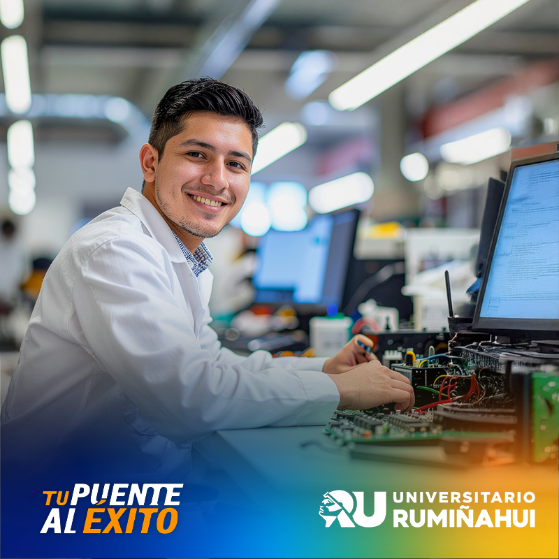 Student in a white lab coat works on electronics in a modern lab, smiling at the camera; logos for TU PUENTE AL EXITO and Universidad Rumiñahui visible in the foreground/overlay.