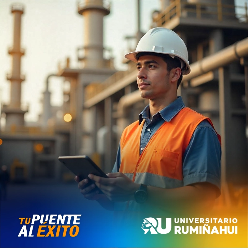 Engineer in hard hat and orange safety vest holds a tablet at an industrial facility with piping and machinery in the background, branding at the bottom.