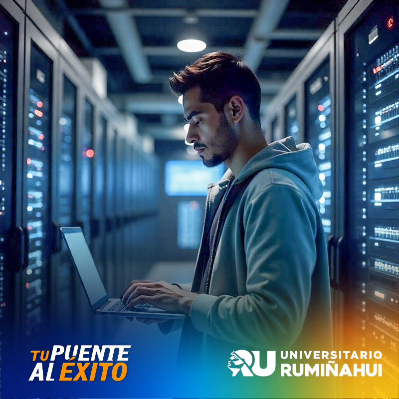 Man in a blue hoodie typing on a laptop in a server room, with Tu Puente al Éxito and Universidad Rumiñahui logos at the bottom edge.