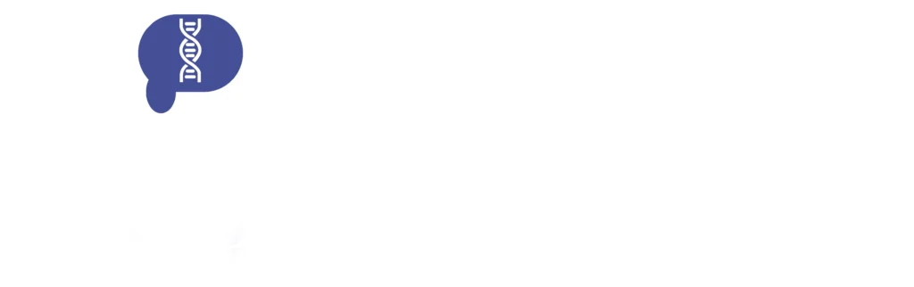 Logo: white silhouette of a head facing left with a blue thought bubble containing a DNA double helix; bold white text on a black background to the right.