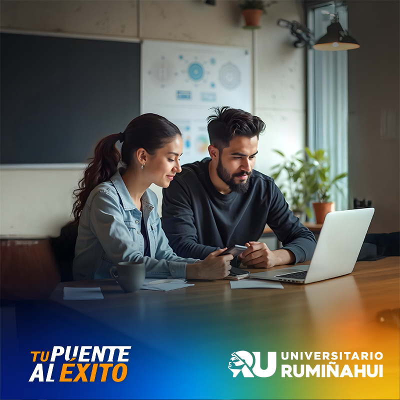 Two students collaborate at a wooden table with a laptop and a phone in a bright, modern room; branding for Puente al Éxito and Universitario Rumiñahui visible at the bottom.