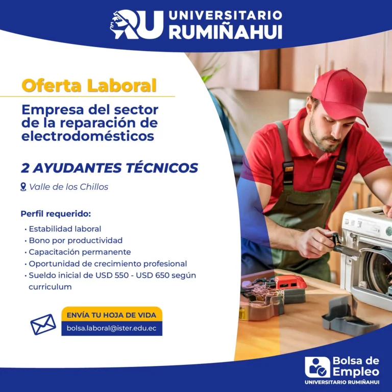 Promotional job offer flyer from Universidad Rumiñahui announcing a labor opportunity for two technical assistants in Valle de los Chillos, with a technician repairing a washing machine on the right side.