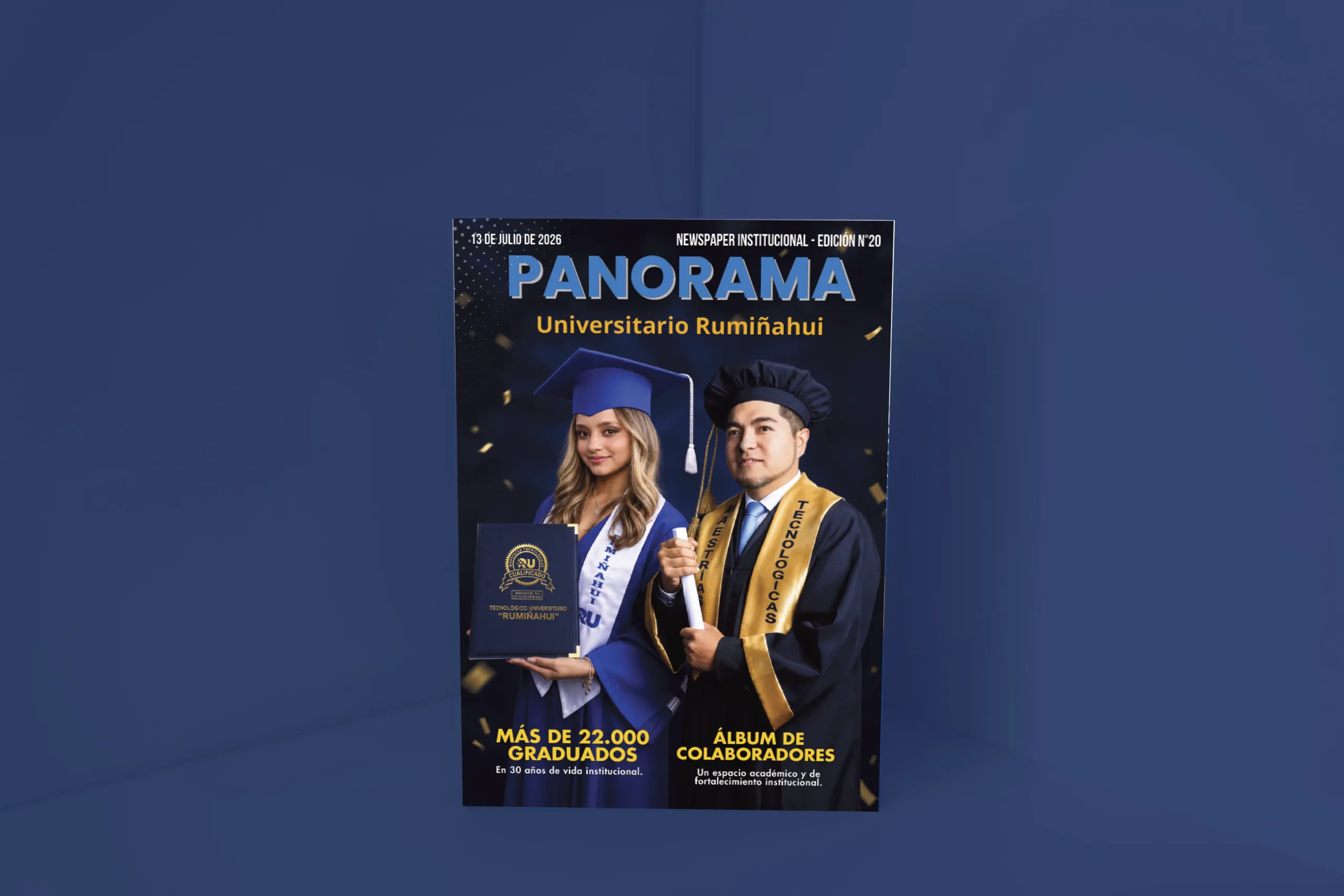 Poster announcing 'PANORAMA' with two graduates in cap and gown holding a diploma, blue and gold accents, Universidad Rumiñahui
