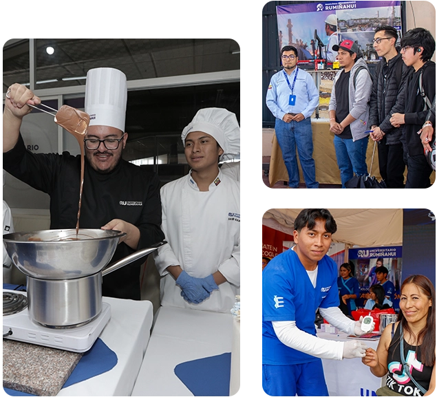 Chef in a tall white hat pours melted chocolate into a pot as an assistant watches at a cooking demonstration, indoors.