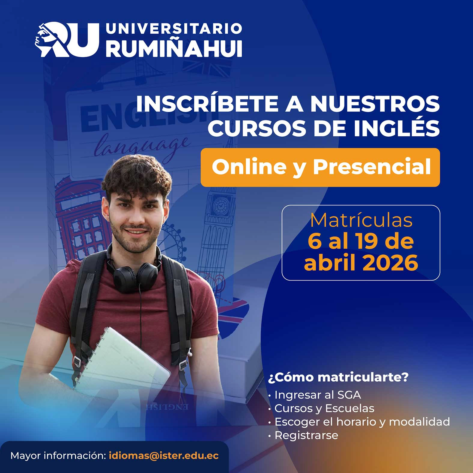 Estudiante universitario promocionando cursos de inglés online y presencial en la Universidad Rumiñahui.