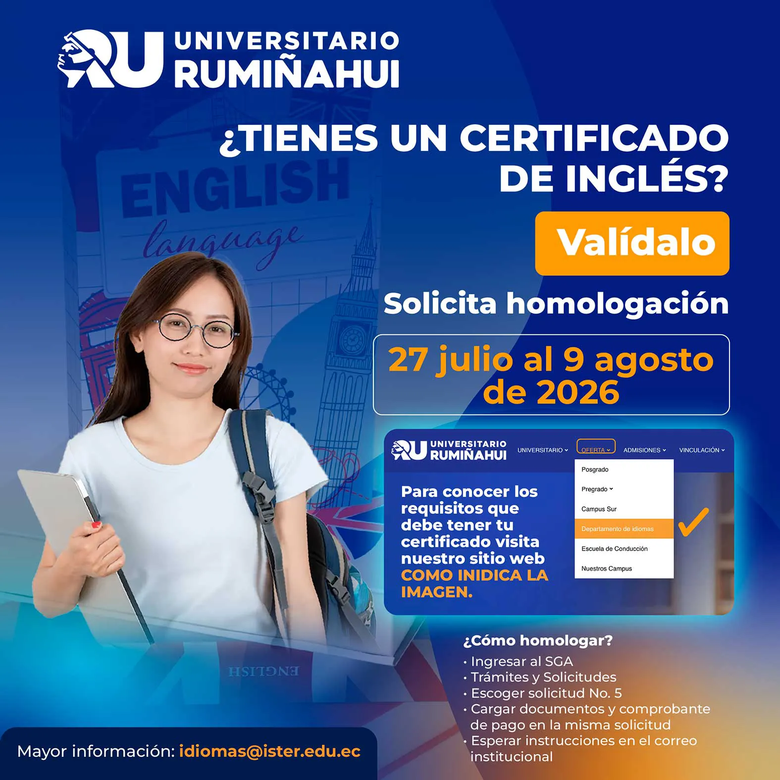 Banner del Universitario Rumiñahui que informa sobre la homologación de certificados de inglés del 27 de julio al 9 de agosto de 2026, con instrucciones para realizar el trámite a través del SGA.