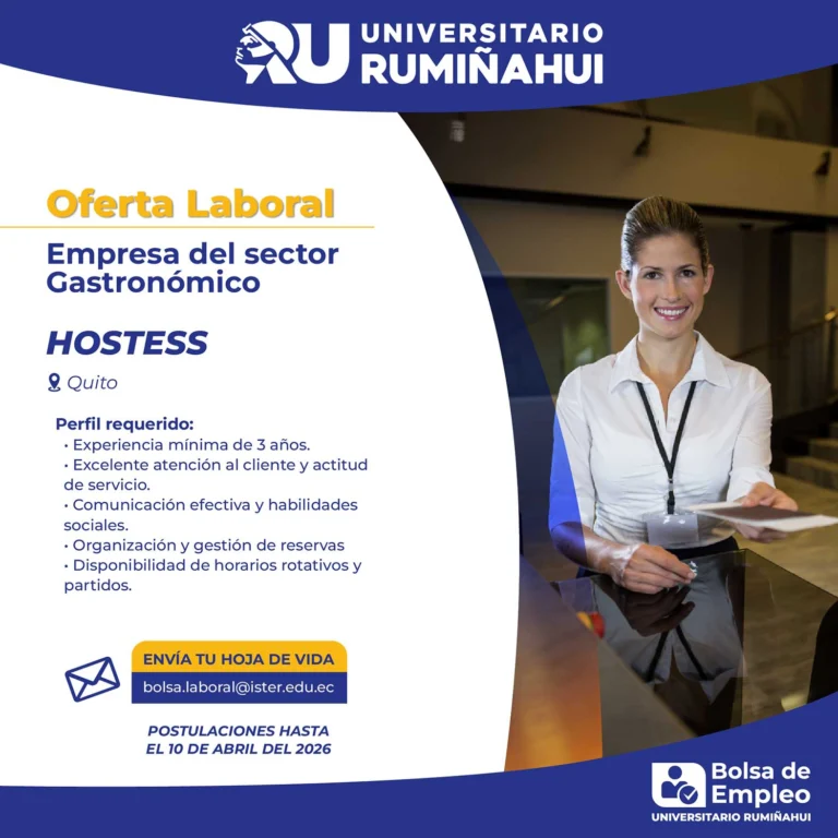 Oferta laboral para hostess en restaurante en Quito dirigida a estudiantes del Universitario Rumiñahui.