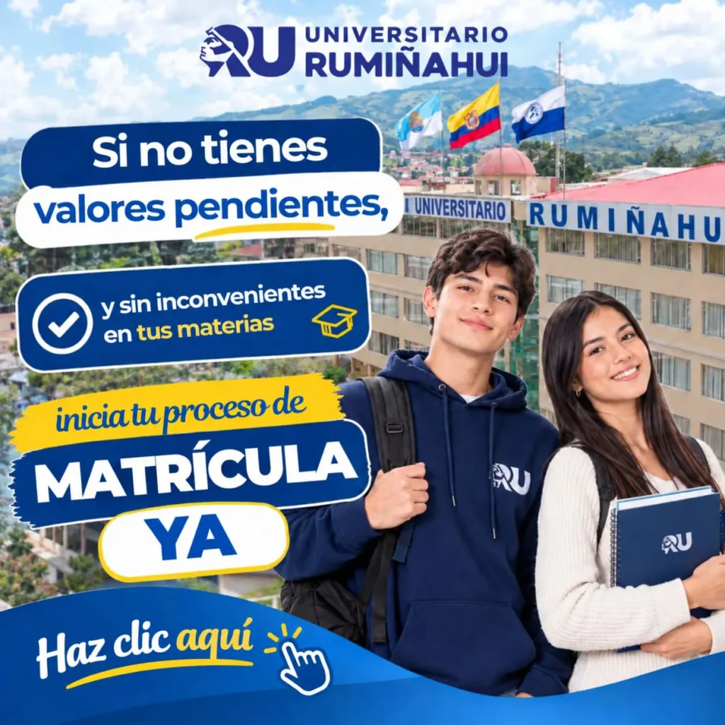Estudiantes universitarios sonriendo frente al campus del Universitario Rumiñahui invitando a iniciar el proceso de matrícula sin valores pendientes.