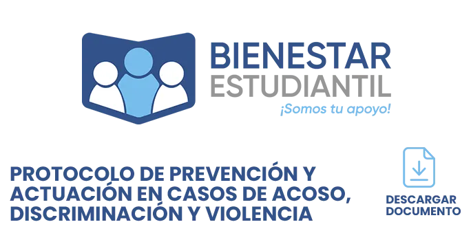 Bienestar protocol banner: shield logo with three people and text about prevention and action in cases of harassment, discrimination, and violence.