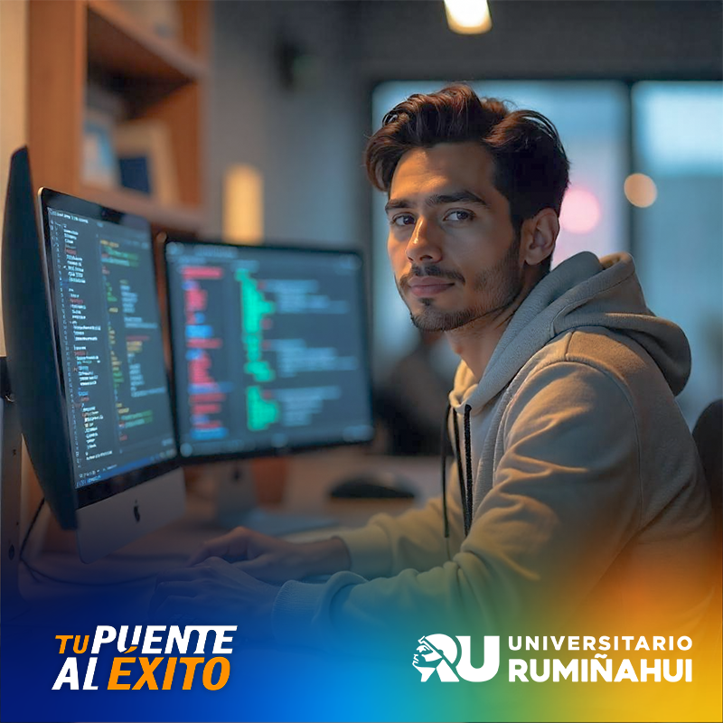 Young man in a hoodie coding at dual computer monitors in a dimly lit office; logos for TU Puente al Exito and Universidad Rumiñahui at the bottom.